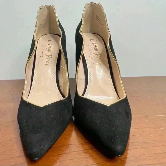 LEMON DROP BY  PRIVILEGED BLACK HEELS GOLD TRIM SIZE 8.5 - Picture 6 of 14